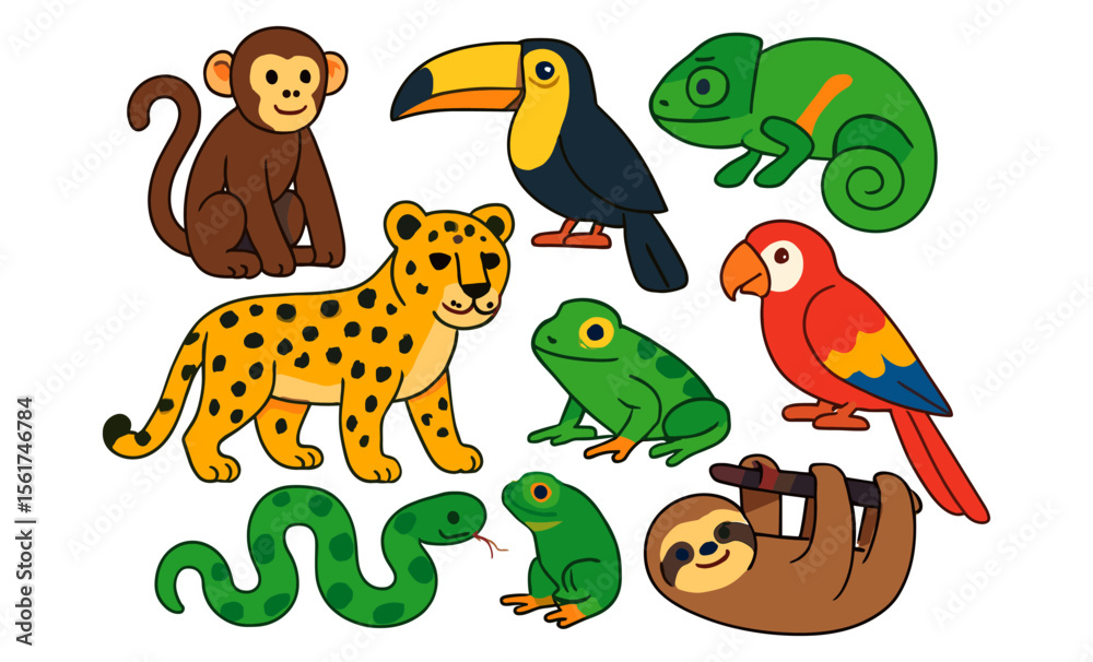 Naklejka premium Set of cartoon jungle animals including monkey, toucan, chameleon, cheetah, frog, parrot, sloth, and snake. Flat stylized vector illustration of tropical wildlife