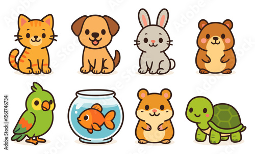 Set of cartoon pet animals including cat, dog, rabbit, parrot, hamster, guinea pig, turtle, and goldfish in bowl. Cute stylized vector illustration of domestic animals