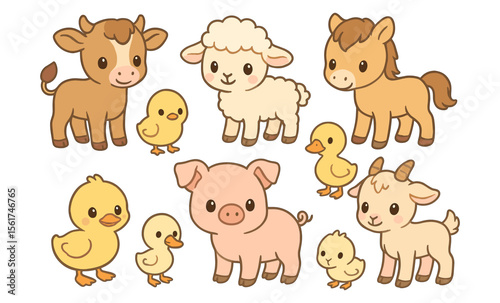 Set of cartoon baby farm animals including calf, lamb, chick, piglet, foal, duckling, and kid goat. Cute stylized vector illustration of young domestic animals
