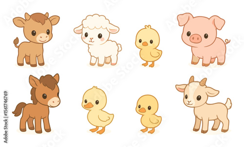 Set of cartoon baby farm animals including calf, lamb, chick, piglet, foal, duckling, and kid goat. Cute stylized vector illustration of young domestic animals