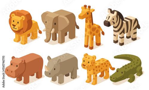 Set of isometric safari animals including lion, elephant, giraffe, zebra, hippopotamus, rhinoceros, cheetah, and crocodile. 3D blocky style vector illustration of wild African animals