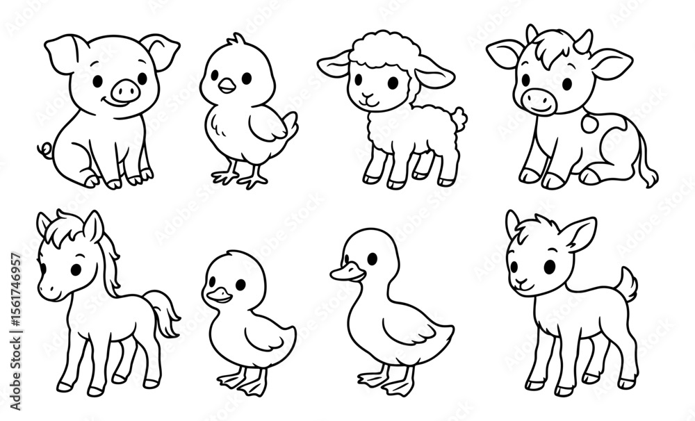 Obraz premium Set of outlined cartoon farm baby animals including piglet, chick, lamb, calf, foal, duckling, and goat kid. Black and white vector line drawing