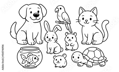 Set of outlined cartoon pet animals including dog, cat, rabbit, hamster, parrot, goldfish in bowl, and turtle. Black and white vector line drawing