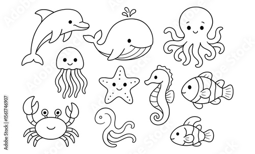 Set of outlined cartoon sea animals including dolphin, whale, octopus, jellyfish, starfish, seahorse, crab, and fish. Black and white vector line drawing