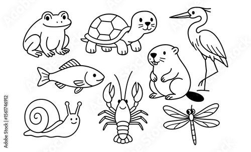 Set of outlined cartoon wetland animals including frog, turtle, beaver, fish, heron, snail, crayfish, and dragonfly. Black and white vector line drawing