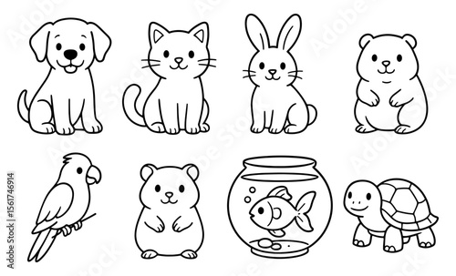 Set of outlined cartoon pet animals including dog, cat, rabbit, hamster, parrot, goldfish in bowl, and turtle. Black and white vector line drawing