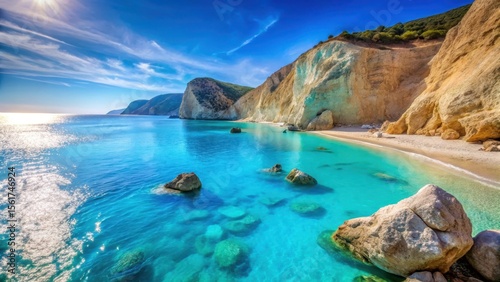 Boulders and turquoise waters at Porto Katsiki beach in Greece, natural, blue,  natural, blue, cove, water