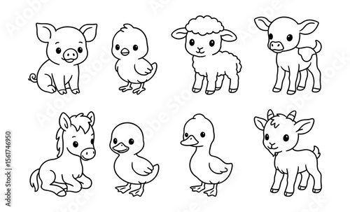 Set of outlined cartoon farm baby animals including piglet, chick, lamb, calf, foal, duckling, and goat kid. Black and white vector line drawing