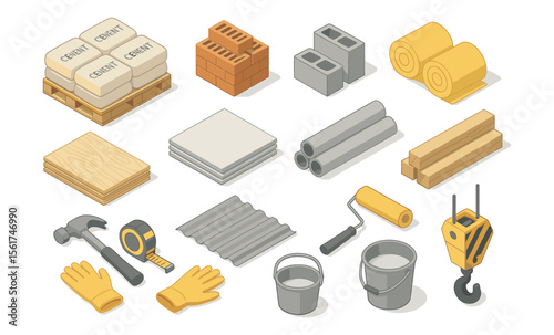 Set of isometric construction materials including bricks, concrete blocks, cement bags, wooden planks, tiles, insulation roll, rebar rods, roof sheets, gravel sacks, and gypsum boards. Building