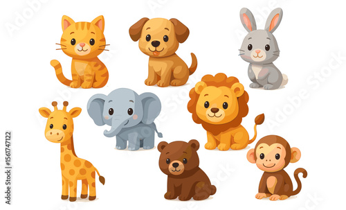 Set of cute cartoon animals including cat, dog, rabbit, elephant, lion, giraffe, bear, and monkey. Soft gradient vector illustration in children style. Baby animal and zoo concept