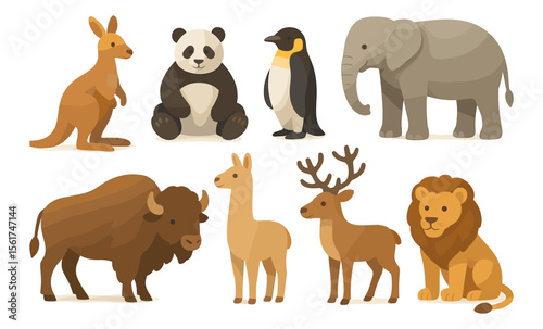 Set of wild animals including kangaroo, panda, penguin, elephant, bison, llama, deer, and lion. Flat cartoon vector illustration in soft gradient style. Wildlife and zoo animal concept