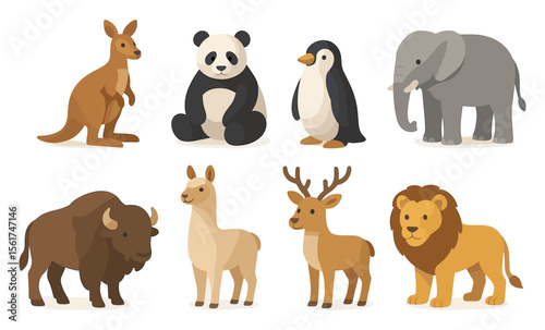 Set of wild animals including kangaroo, panda, penguin, elephant, bison, llama, deer, and lion. Flat cartoon vector illustration in soft gradient style. Wildlife and zoo animal concept