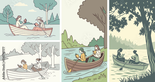 Young women relaxing and reading books in a rowboat, gently floating on calm water, enjoying a peaceful, sunny day outdoors