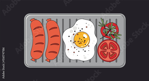 Delicious Breakfast of Sausages Fried Egg and Fresh Tomatoes on a Grilling Rack