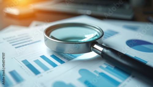 Wallpaper Mural Magnifying glass over business report with charts graphs. Data analysis, interpretation concept. Scrutiny, observation, detail, insight, information, investigation. Charts, graphs, statistics. Torontodigital.ca