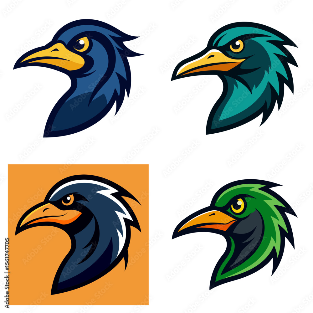 Obraz premium Illustration of four stylized bird heads in different color variations on a white background