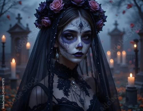 Woman with skull makeup and floral crown veil cemetery