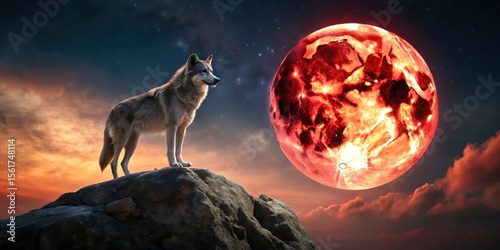 A lone wolf stands on a rocky outcropping under a full red moon , Wilderness, Wildlife