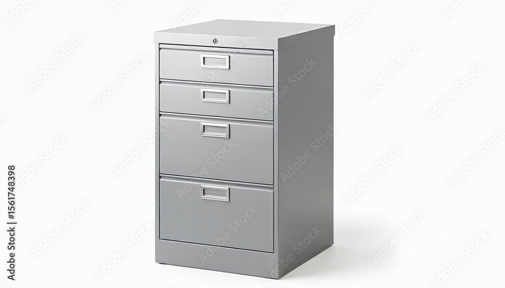 Silver metal filing cabinet isolated on white. Four empty drawers, storage unit for office documents. Modern design, home, business, interior design, concept of organization, documentation. Silver metal filing cabinet isolated on white. Four empty drawers, storage unit for office documents. Modern design, home, business, interior design, concept of organization, documentation.