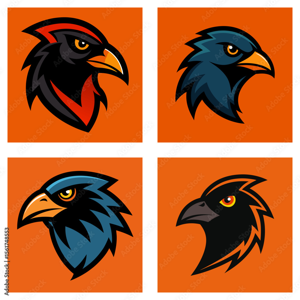 Fototapeta premium A collection of four stylized eagle head illustrations on an orange square background design set