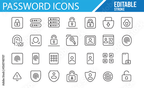 Set of vector icons for password management, fingerprint authentication, and cyber protection.