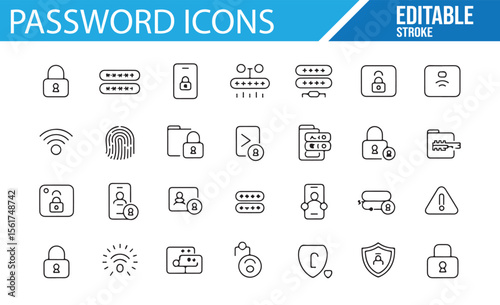 Set of icons for password protection, biometric security, and encryption tools.