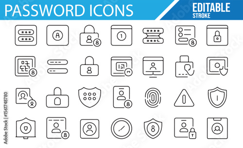 Editable vector icons for password security, login, and authentication systems.