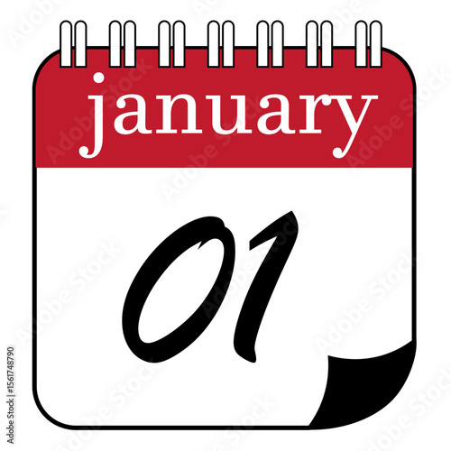 Calendar date text January 1st on frame with black, red and white background. Calendar concept, day 1 of new year