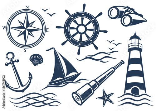 Nautical elements collection featuring compass, lighthouse, and sailboat vector illustration