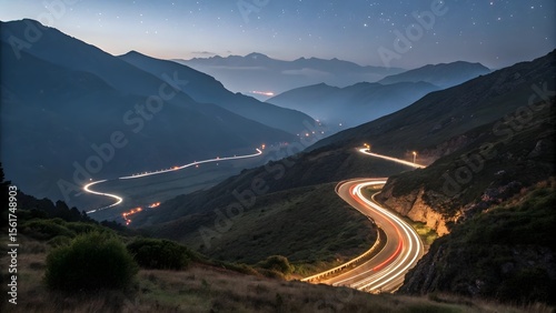 Winding Mountain Road with Light Trails at Night