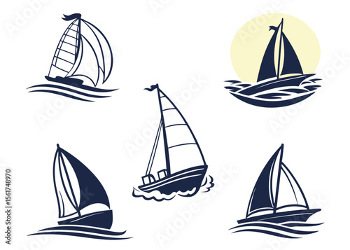 Set of sailing boats and seagulls on the sea, marine travel and nautical theme vector illustration