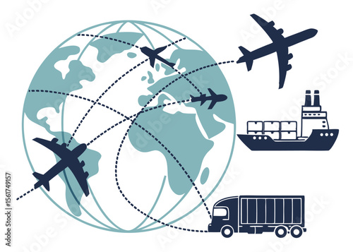 Global logistics network with airplane, ship, and truck for worldwide delivery service vector illustration