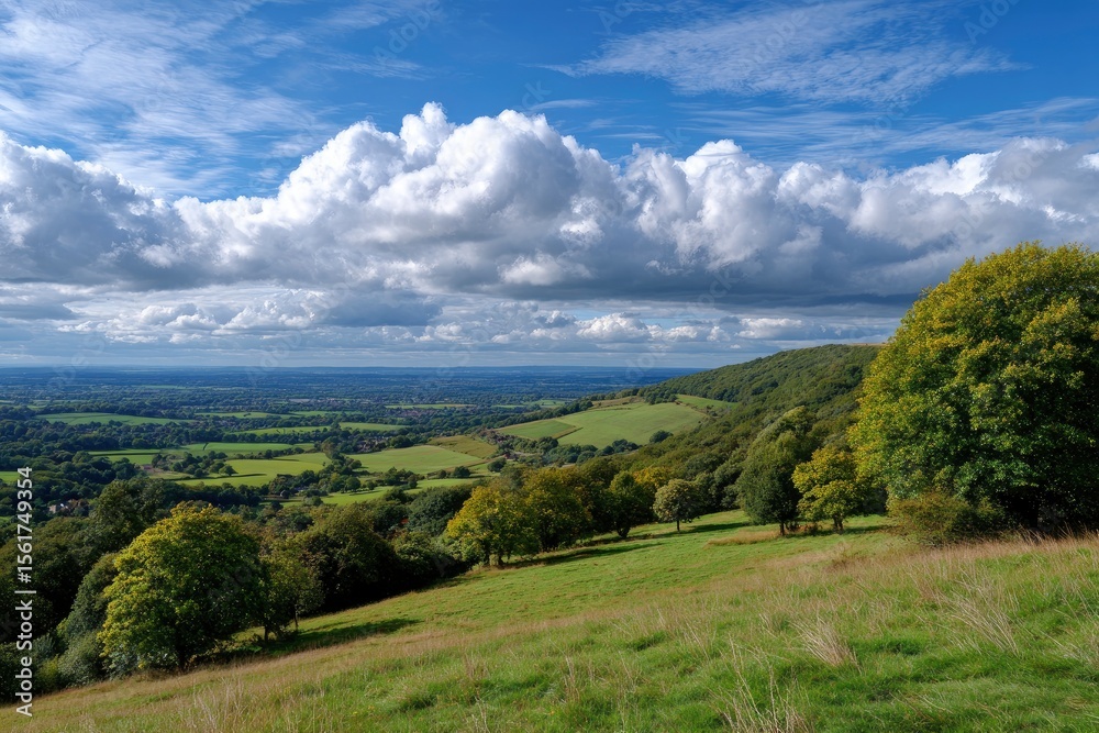 Obraz premium Scenic landscape grassy hill trees and distant valley beneath a cloudy blue sky