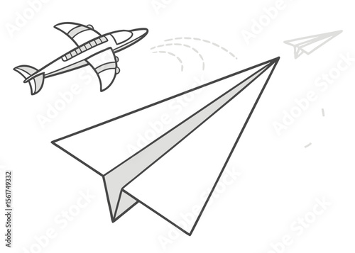Paper airplane and jet flying together, travel and freedom concept, simple vector illustration