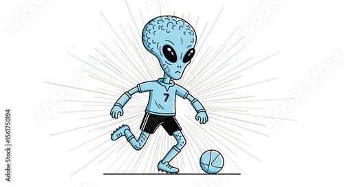 Alien Soccer Player Kicking Ball During Match with Explosive Energy Burst Behind Him