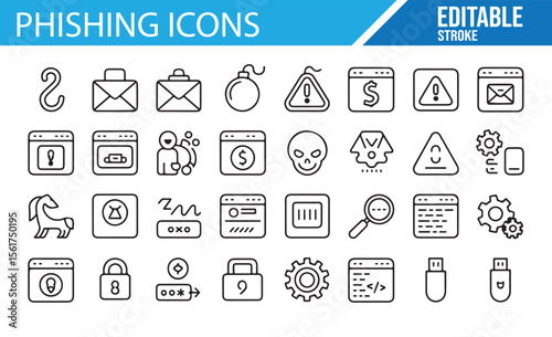 Set of icons for online security, phishing scams, and identity theft threats.
