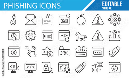 Editable vector icons for phishing attacks, email scams, and online security threats.