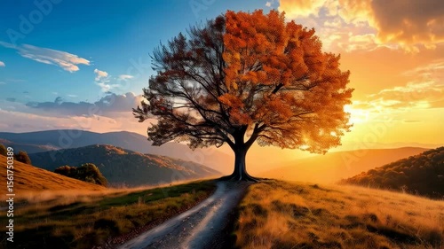 Wallpaper Mural Solitary tree stands on hillside path splitting autumn foliage at sunset with scenic mountain and sky background Torontodigital.ca