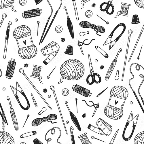 Crochet and knitting tools and materials. Needles, hooks, yarn, scissors doodles. Hand-drawn texture with tools for handmade craft. Vector seamless pattern.