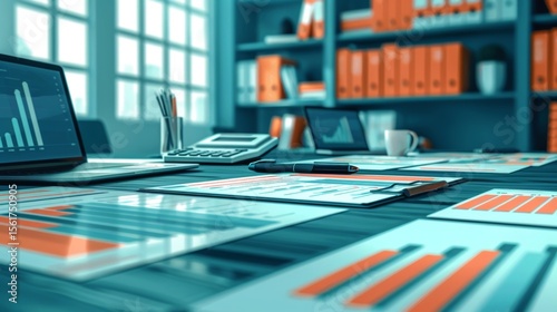 A meticulous financial audit process with documents, calculators, and laptops on a large conference table