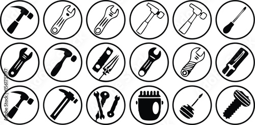 Collection of simple hand drawn white line art elements on a black background