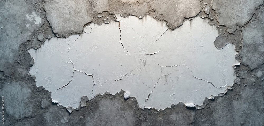 Obraz premium Textured background features cracked peeling white paint on a rough gray surface. Weathered, distressed abstract pattern, aged wall with rustic grunge design. Uneven layered broken vintage look.