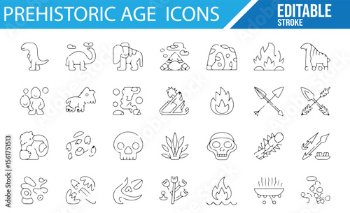 Set of prehistoric age icons, including saber-tooth tiger, mammoth, and stone tools.

