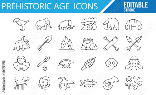Icon collection for prehistoric life, featuring animals, fire, and early human symbols.