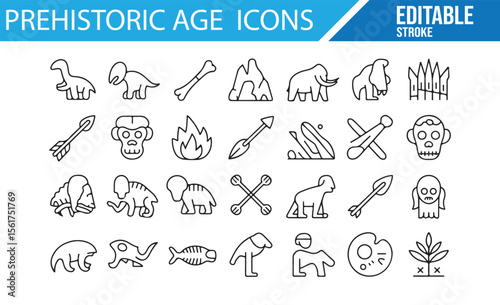 Set of editable icons for the prehistoric era, including dinosaurs and ancient tools.