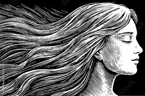 Female side‑profile with flowing hair and closed eyes, perfect for fashion magazines, beauty logos, minimalist tattoos, poster art and lifestyle blogs, a black and white line art illustration
