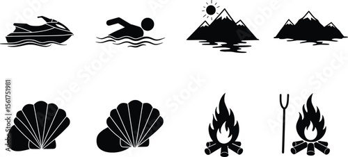 Jet Skiing, Swimming, and Camping Icons in Vector Format for Fun Summer Items