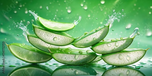 Wallpaper Mural Aloe Vera Slices Underwater on a Green Background , green background, underwater scene Torontodigital.ca