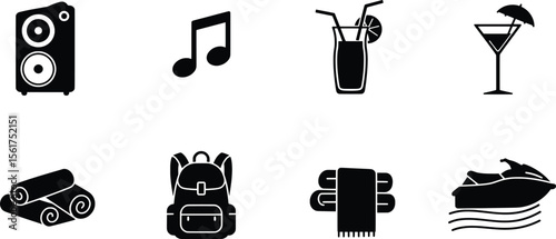 Enjoying Drinks and Music at Beachside with Towels and Backpacks