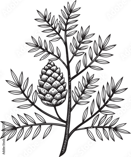 Juniper Tree Branch Vector Illustration, Sketch Drawing Line Linear Symbol Icon Engraving Coloring Book, Hand-drawn Black and White Isolated